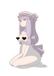  breasts censored hat heart heart_censor large_breasts long_hair low-tied_long_hair maru-sun nipple_censor nude patchouli_knowledge purple_eyes purple_hair ribbon seiza sitting solo touhou 