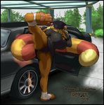  4_toes action_pose anthro big_breasts blonde_hair breasts car clothed clothing female fingerless_gloves fluffy_tail gloves hair hat high_kick ken_sample limo long_hair mammal panties panty_shot pawpads paws plantigrade red_panda skirt solo thighs underwear vehicle 
