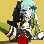 amputee blue_eyes blue_hair commentary_request fingerless_gloves gloves gun highres pgm_hecate_ii rifle scarf short_hair short_shorts shorts sinon sitting sniper_rifle solo sweatdrop sword_art_online takeda_yukimura thighhighs weapon 