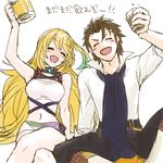  1boy 1girl ahoge alcohol alvin_(tales) beer blonde_hair blush brown_hair drink drunk eyes_closed gloves lazy_rabbit milla_maxwell scarf tales_of_(series) tales_of_xillia thighhighs translation_request whiskey 