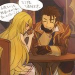  1boy 1girl alcohol alvin_(tales) blonde_hair blush brown_hair coat drink eyes_closed gloves lazy_rabbit milla_maxwell red_eyes scarf tales_of_(series) tales_of_xillia thighhighs translation_request whiskey 