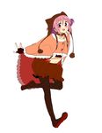  :d capelet cosplay fingerless_gloves gloves hat kaname_madoka mahou_shoujo_madoka_magica mahou_shoujo_madoka_magica_movie midriff mizuki_(flowerlanguage) momoe_nagisa momoe_nagisa_(cosplay) navel open_mouth pantyhose pink_eyes pink_hair polka_dot polka_dot_legwear simple_background smile solo suspenders white_background 