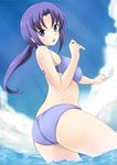  ass bikini fuuma_nagi happinesscharge_precure! hikawa_iona long_hair looking_at_viewer ponytail precure purple_eyes purple_hair solo swimsuit wading water 