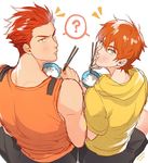  :t ? artist_name blush bowl brothers chopsticks dated eating free! from_behind hood hoodie indian_style kanapy looking_at_viewer looking_back male_focus mikoshiba_momotarou mikoshiba_seijuurou multiple_boys orange_hair rice short_sleeves shorts siblings simple_background sitting sketch sleeveless white_background yellow_eyes 