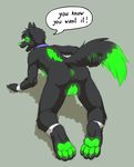  all_fours backsack biceps butt canine collar english_text glowing green_anus green_eyes green_nose green_pawpads green_tongue looking_back male mammal open_mouth presenting presenting_hindquarters solo text wagnermutt wolf 