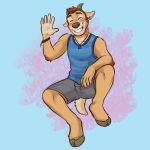  1:1 anthro blush bottomwear bovid bracelet brown_hair canid canine canis caprine clothing dingo eyes_closed goat hair hi_res hooves hybrid jackaloo jewelry male mammal necklace shirt shorts smiling_at_viewer solo tank_top topwear waving_at_viewer 