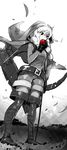  arrow artist_name belt boots bow_(weapon) braid cloak dragon's_crown dutch_angle eating elf elf_(dragon's_crown) full_body gloves greyscale hood leaf long_hair looking_away monochrome pointy_ears quiver red_apple shorts sinov_mimori solo standing thigh_boots thighhighs twin_braids weapon 
