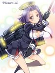  between_breasts breasts glaive gloves kantai_collection kazami_miki mechanical_halo medium_breasts purple_eyes purple_hair school_uniform short_hair skirt smile solo standing standing_on_one_leg tatsuta_(kantai_collection) turret twitter_username untied weapon 