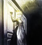  ahoge artoria_pendragon_(all) blonde_hair candle dark fate/stay_night fate_(series) green_eyes hall jisue10 maid saber solo victorian victorian_maid 