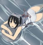  afloat akebon black_hair diving_mask diving_mask_on_head japanese_flag kantai_collection looking_at_viewer looking_up maru-yu_(kantai_collection) open_mouth short_hair smile solo swimming swimsuit water 