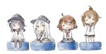  ^_^ akatsuki_(kantai_collection) arms_behind_back blue_eyes blue_hair brown_eyes brown_hair closed_eyes fang folded_ponytail hair_ornament hairclip hat hibiki_(kantai_collection) hisui_(kimochi) ikazuchi_(kantai_collection) inazuma_(kantai_collection) kantai_collection long_hair looking_at_viewer multiple_girls neckerchief one_eye_closed open_mouth pantyhose school_uniform serafuku silver_hair sitting skirt smile very_long_hair wariza 