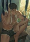  abs black_hair boxers free! green_eyes highres looking_at_viewer male_focus male_underwear muscle penguin_frontier rain sitting table towel underwear underwear_only wet yamazaki_sousuke 