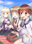  :d ^_^ ahoge bad_id bad_pixiv_id blonde_hair braid brown_eyes brown_hair checkerboard_cookie closed_eyes cookie cup dog eating food glasses hair_ribbon highres looking_at_viewer lynette_bishop miyafuji_yoshika multiple_girls open_mouth pantyhose perrine_h_clostermann ribbon smile strike_witches striped striped_legwear teacup thighhighs totonii_(totogoya) world_witches_series yellow_eyes 