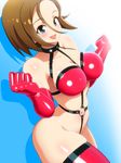  1girl aqua_eyes bikini breasts brown_hair elbow_gloves enkaboots gloves harness large_breasts latex latex_gloves navel open_mouth original short_hair swimsuit thighhighs 
