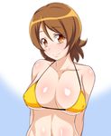  arms_behind_back breasts brown_eyes brown_hair cleavage covered_nipples happinesscharge_precure! highres jabara_tornado large_breasts looking_at_viewer oomori_yuuko precure shiny shiny_skin short_hair smile solo 