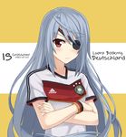  &gt;:( 2014_fifa_world_cup adidas blush character_name crossed_arms eyepatch frown german germany infinite_stratos laura_bodewig long_hair looking_at_viewer npcpepper red_eyes silver_hair soccer soccer_uniform solo sportswear translated typo v-shaped_eyebrows world_cup wristband 