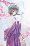  bare_back bare_shoulders breasts brown_eyes brown_hair bug butterfly cherry_blossoms cleavage closed_fan fan floral_background floral_print folding_fan gradient gradient_background highres hitodama insect japanese_clothes kimono lips looking_at_viewer looking_to_the_side magician_(china) off_shoulder saigyouji_yuyuko seductive_smile short_hair sideboob small_breasts smile solo touhou tree_branch triangular_headpiece 