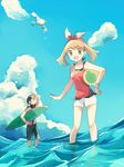  1girl ball beachball blue_eyes blue_sky bracelet brown_hair cloud day gen_3_pokemon hair_ribbon haruka_(pokemon) jewelry looking_at_viewer mei_(maysroom) ocean open_mouth pokemon pokemon_(creature) pokemon_(game) pokemon_oras ribbon shirt short_shorts shorts sky sleeveless sleeveless_shirt surfboard wading wingull yuuki_(pokemon) 