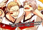  2boys adidas alcohol arm_over_shoulder arms_up axis_powers_hetalia beer bird blonde_hair chick closed_eyes drunk erdinger facepaint german german_flag germany germany_(hetalia) multiple_boys open_mouth prussia_(hetalia) short_hair silver_hair soccer soccer_uniform sportswear tktk_k translated world_cup 