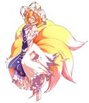  alphes_(style) animal_ears beaten blonde_hair dairi dress fox_ears fox_tail full_body hat highres mob_cap multiple_tails parody short_hair style_parody tabard tail tears torn_clothes torn_dress torn_hat touhou transparent_background yakumo_ran 