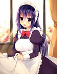  apron apron_lift blush breasts frills highres large_breasts long_hair looking_at_viewer maid maid_headdress open_mouth original otono_fei purple_eyes purple_hair solo 