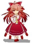  adapted_costume ahoge alternate_hair_color ascot bad_id bad_pixiv_id bow bridal_gauntlets chibi colored_eyelashes detached_sleeves flower hair_bow hair_flower hair_ornament hair_tubes hakurei_reimu hand_on_own_chin long_hair looking_at_viewer one_eye_closed pink_hair red_eyes revius ribbon-trimmed_sleeves ribbon_trim shadow sidelocks simple_background skirt skirt_set smile solo touhou white_background 
