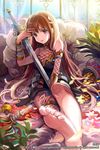  barefoot bracelet breasts brown_hair character_request cleavage coin dress feet fishnets flower full_body holding holding_sword holding_weapon jewelry light_rays lips long_hair medium_breasts midgard_war_chronicles object_hug pillow purple_eyes saya_(mychristian2) sitting smile soles solo sunlight sword toes vase weapon 