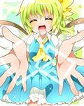  ascot bow daiyousei fairy_wings green_hair hair_bow kyapinetzu open_hand open_mouth outstretched_hand sash side_ponytail smile solo touhou wings 