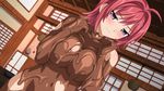  1girl blush breast_squeeze breasts chocolate hair_ornament hairclip highres hikage_narumi large_breasts looking_at_viewer naked_chocolate naughty_face nude purple_eyes red_hair sakura_spirit short_hair smile solo standing wanaca winged_cloud 
