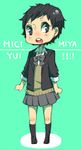  1girl aqua_background black_eyes black_hair character_name haikyuu!! michimiya_yui open_mouth ribbon school_uniform short_hair skirt socks 