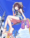  anklet bare_legs bare_shoulders barefoot blush_stickers brown_hair casual cloud crossed_legs day drink feet flip-flops from_below glasses holding holding_shoes jewelry legs long_hair original ponytail pov_feet ring saitou_teikoku sandals shoes shoes_removed shorts sitting sky soles solo sweat toes 