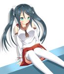  aqua_eyes bad_id bad_pixiv_id black_hair hair_ribbon isuzu_(kantai_collection) kantai_collection long_hair looking_at_viewer ribbon ro-ichi sitting smile solo thighhighs twintails 