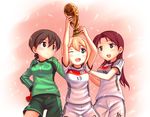  3girls a9b_(louis814) alternate_costume blonde_hair blue_eyes brown_eyes brown_hair erica_hartmann fifa_world_cup_trophy germany gertrud_barkhorn gloves goalkeeper hair_ribbon minna-dietlinde_wilcke multiple_girls one_eye_closed open_mouth red_eyes red_hair ribbon soccer soccer_uniform sportswear strike_witches trophy uniform world_cup world_witches_series 
