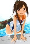  :d brown_eyes brown_hair fujiyama i-401_(kantai_collection) kantai_collection looking_at_viewer machinery open_mouth ponytail smile solo swimsuit swimsuit_under_clothes turret water wet 