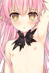  arm_up armpits blush breasts demon_girl detached_collar long_hair nipples nude original pink_hair pointy_ears small_breasts solo succubus tatami_to_hinoki tears yellow_eyes 