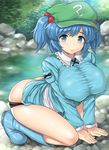  all_fours blonde_hair blue_eyes blue_hair blush boots breasts butt_crack hair_bobbles hair_ornament hat huge_breasts inaho kawashiro_nitori long_hair onsen outdoors rock short_hair smile solo sunlight thighs touhou two_side_up 