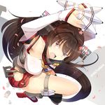  anchor between_fingers breasts brown_eyes brown_hair cartridge cherry_blossoms cutting_board detached_sleeves flower from_above hair_flower hair_ornament kantai_collection large_breasts long_hair looking_at_viewer miniskirt objectification open_mouth ponytail ryuujou_(kantai_collection) single_thighhigh skirt solo sts sweat taihou_(kantai_collection) thigh_strap thighhighs twitter_username very_long_hair visor_cap when_you_see_it yamato_(kantai_collection) 
