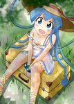  :d absurdres ankle_wrap blue_hair blush blush_stickers breasts cleavage collarbone dappled_sunlight dress hat highres ikamusume long_hair off_shoulder open_mouth rokushaku_neko sandals see-through shinryaku!_ikamusume sitting small_breasts smile solo strap_slip suitcase sun_hat sundress sunlight tareme tentacle_hair v_arms very_long_hair 