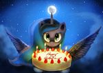  anticularpony blue_eyes blue_fur blue_hair cake candle cloud equine female feral food friendship_is_magic fur hair happy_birthday horn horse icing looking_at_viewer mammal moon my_little_pony night pony princess princess_luna_(mlp) royalty smile solo stars winged_unicorn wings 