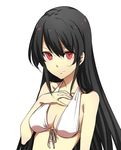  akame akame_ga_kill! arm_at_side bangs bikini black_hair breasts cleavage closed_mouth eyebrows_visible_through_hair from_side front-tie_bikini front-tie_top hair_between_eyes hand_on_own_chest hand_up highres light_smile long_hair looking_at_viewer official_art parted_bangs red_eyes sideboob sidelocks simple_background small_breasts smile solo straight_hair swimsuit tashiro_tetsuya upper_body very_long_hair white_background white_bikini 