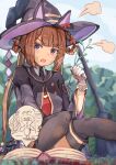  1girl animal_ears autumn_leaves_(tail_fox) blurry blurry_background book boots brown_hair commentary_request dirt final_fantasy final_fantasy_xi foreshortening gloves hat highres horse_ears horse_girl horse_tail mandragora_(final_fantasy) purple_eyes sitting solo sweep_tosho_(umamusume) tail thigh_boots thighhighs twintails umamusume witch_hat 