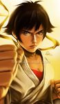  black_hair bra breasts brown_eyes choker cleavage clenched_hands close-up dougi fighting_stance lips lixin_wang makoto_(street_fighter) medium_breasts nose red_bra ribbon_choker short_hair solo street_fighter tomboy underwear upper_body 