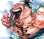  bad_id bad_pixiv_id black_hair blank_eyes blood fat fat_man glowing glowing_eyes iwanbou japanese_clothes male_focus matsuba_(idiotlantern) nipples open_mouth ponytail rurouni_kenshin simple_background solo teeth x_navel 