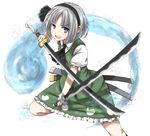  blue_eyes dual_wielding folded_leg hair_ribbon holding katana konpaku_youmu konpaku_youmu_(ghost) looking_at_viewer open_mouth raikou_(gotaishu) ribbon scabbard sheath short_hair short_sleeves silver_hair simple_background skirt skirt_set solo standing standing_on_one_leg sword touhou weapon white_background 