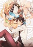  1girl absurdres black_hair blonde_hair breasts gradient_hair green_hair highres holding_hands huge_breasts jewelry jude_mathis long_hair milla_maxwell multicolored_hair necklace pink_eyes ring rotational_symmetry short_hair tales_of_(series) tales_of_xillia tales_of_xillia_2 very_long_hair yayata_(884) yellow_eyes 