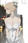  1girl ahoge alternate_costume artoria_pendragon_(fate) bare_shoulders blurry bokeh braid breasts collarbone covered_navel cowboy_shot depth_of_field dress earrings fate/stay_night fate_(series) flower flower_necklace french_braid gloves hair_flower hair_ornament jewelry looking_to_the_side medium_breasts necklace saber short_hair solo strapless strapless_dress v_arms white_dress white_gloves zhibuji_loom 