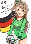  2014_fifa_world_cup :d bad_id bad_pixiv_id ball blush bow brazuca brown_hair clothes_writing german_flag germany gloves goalkeeper hair_bow k@ito90p long_hair looking_at_viewer love_live! love_live!_school_idol_project minami_kotori one_side_up open_mouth smile soccer soccer_ball soccer_uniform solo sportswear translated world_cup yellow_eyes 