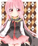  cape checkered checkered_background hair_ornament highres kyapinetzu long_hair looking_at_viewer original pink_eyes pink_hair pleated_skirt skirt smile solo 