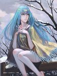  bare_legs barefoot blue_eyes blue_hair circlet collaboration dress earrings fingers_together jewelry long_hair necklace pendant poncho seisen_cerberus sitting snow solo xiaji yang_yang_(tigu) 