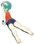  aqua_eyes aqua_hair arm_support ass bare_legs bare_shoulders barefoot bike_shorts blue_shorts blush closed_mouth eyebrows_visible_through_hair feet from_behind full_body green_hair legs looking_back orange_tank_top original oyatsu_(mk2) shiny shiny_hair short_hair shorts simple_background slit_pupils soles solo tank_top toes white_background wristband 